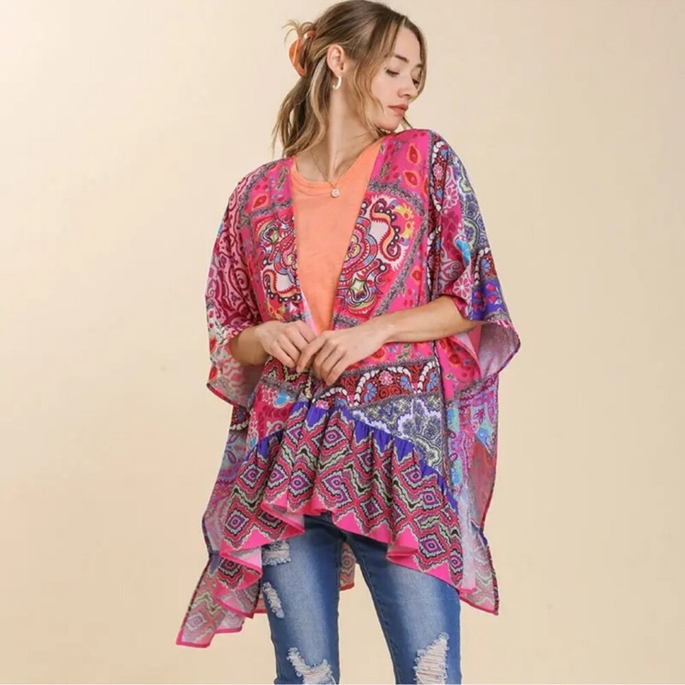 Umgee Mixed Print Vibrant Pink and Blue Open Front Kimono